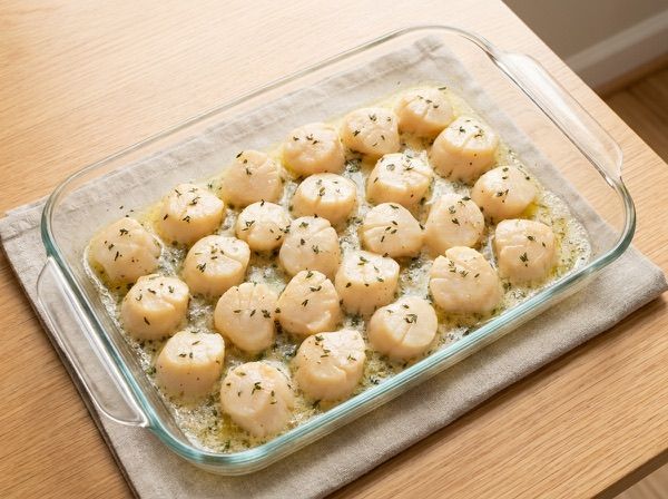 Baked scallops in seasoned butter in a glass baking dish.