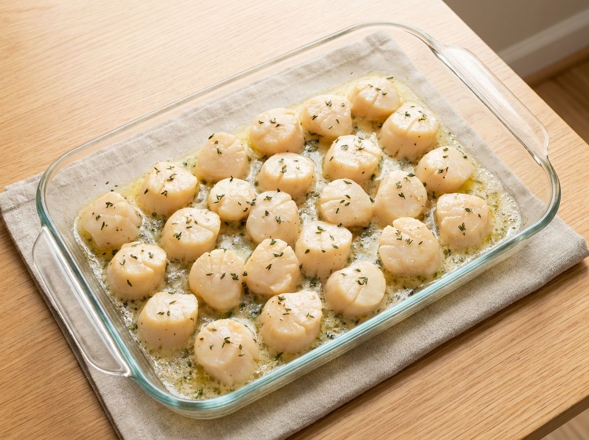 Baked scallops in seasoned butter in a glass baking dish.