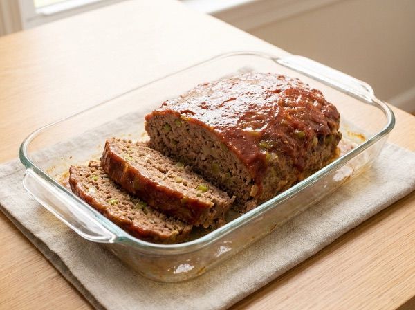 A glazed meat loaf sliced at one end in a glass baking dish.