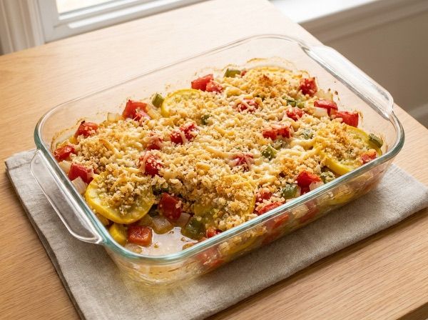 Squash casserole with tomatoes under a light breadcrumb and cheese topping.